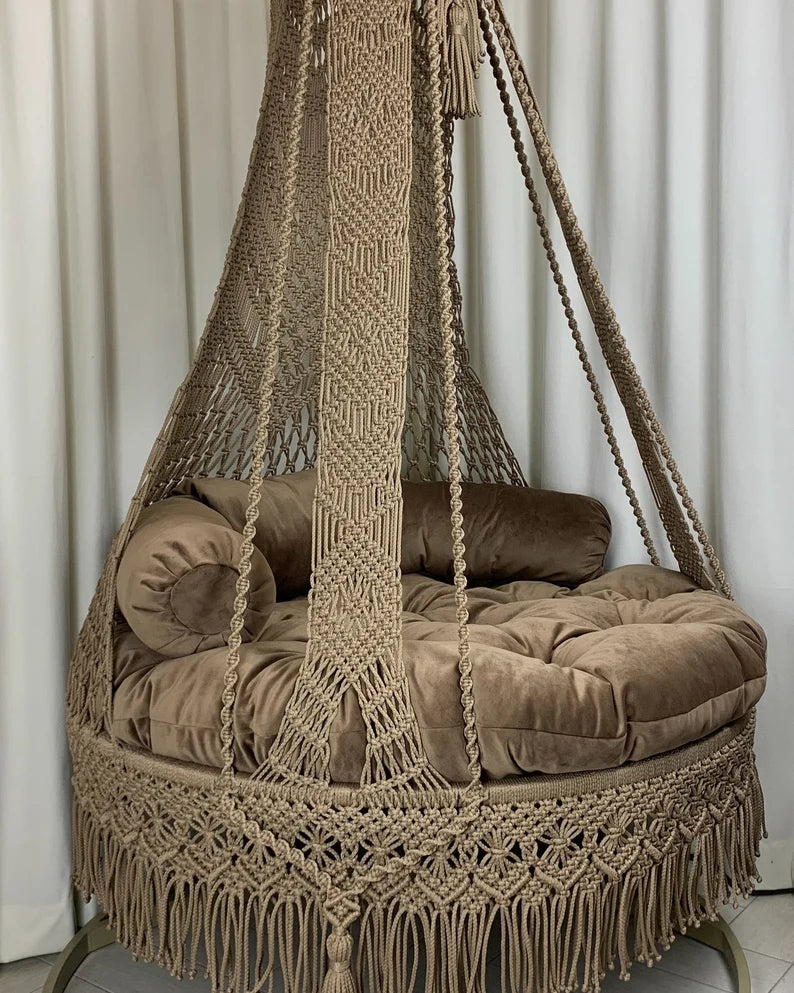 Brown Macrame Swing For Adults With Mattress And 3 Cushions - Leechoo