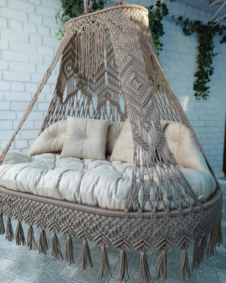 Brown Macrame Sofa Swing With Mattress And Cushions - Leechoo