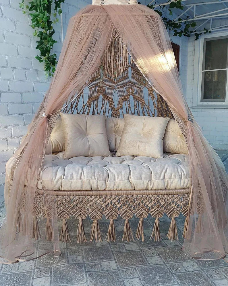 Brown Macrame Sofa Swing With Mattress And Cushions - Leechoo