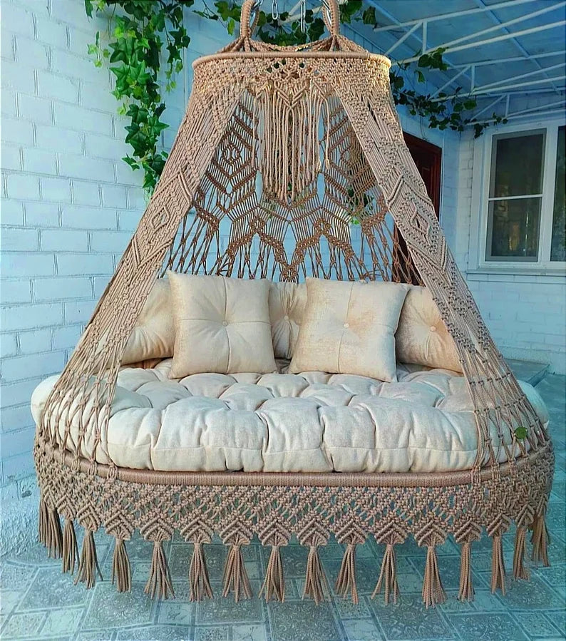 Brown Macrame Sofa Swing With Mattress And Cushions - Leechoo