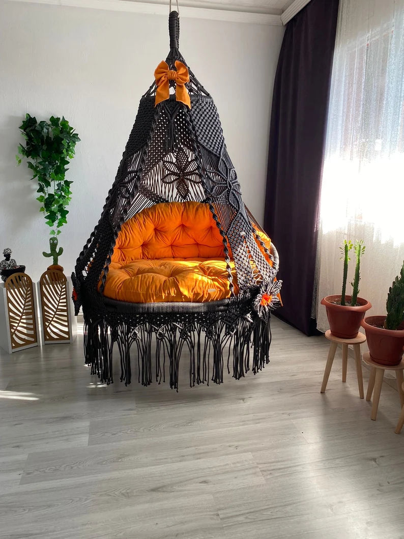 Black Macrame Hammock Chair Swing For Adults And Kids - Leechoo