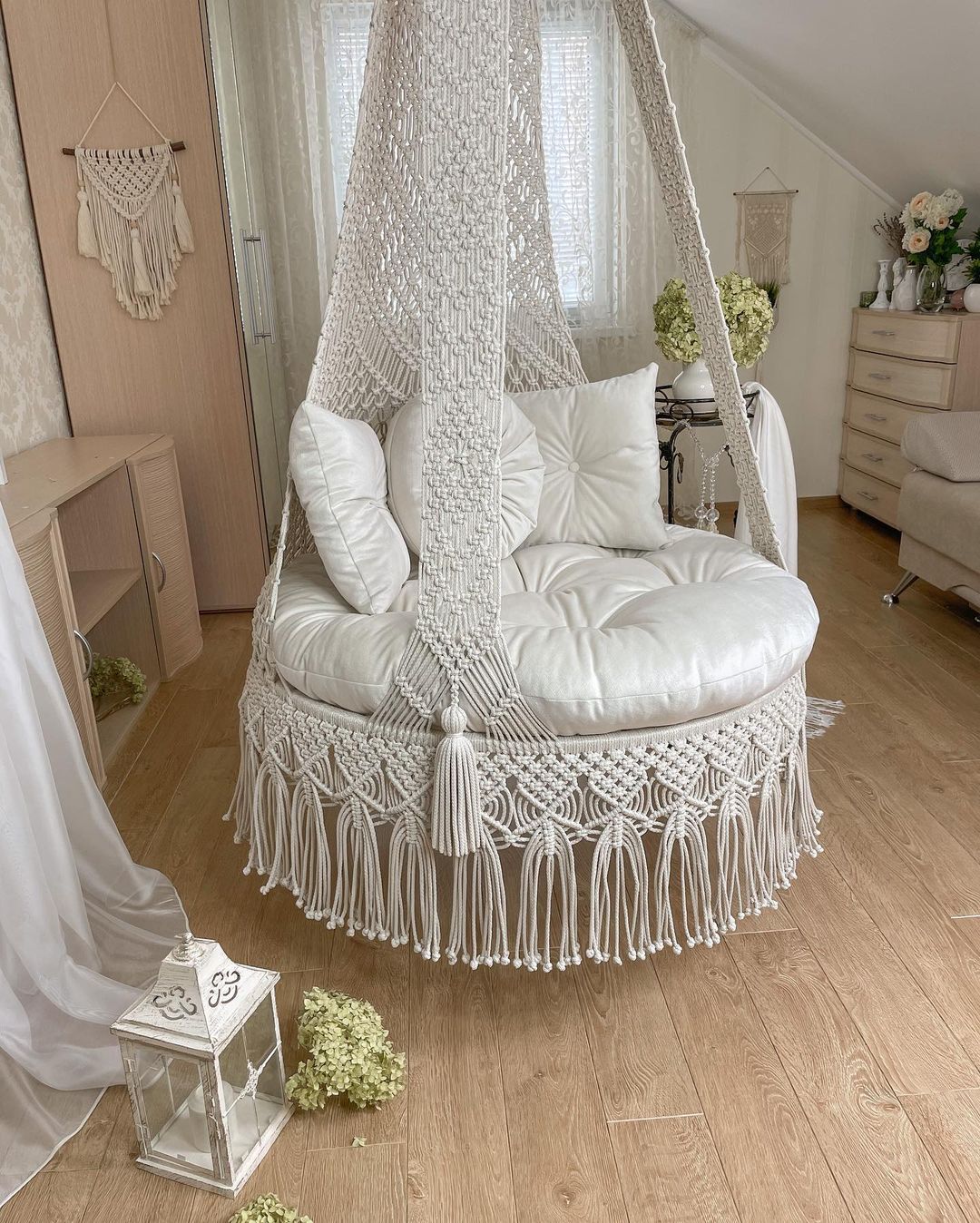 Macrame Swing Hammock Chair With Mattress And Cushions