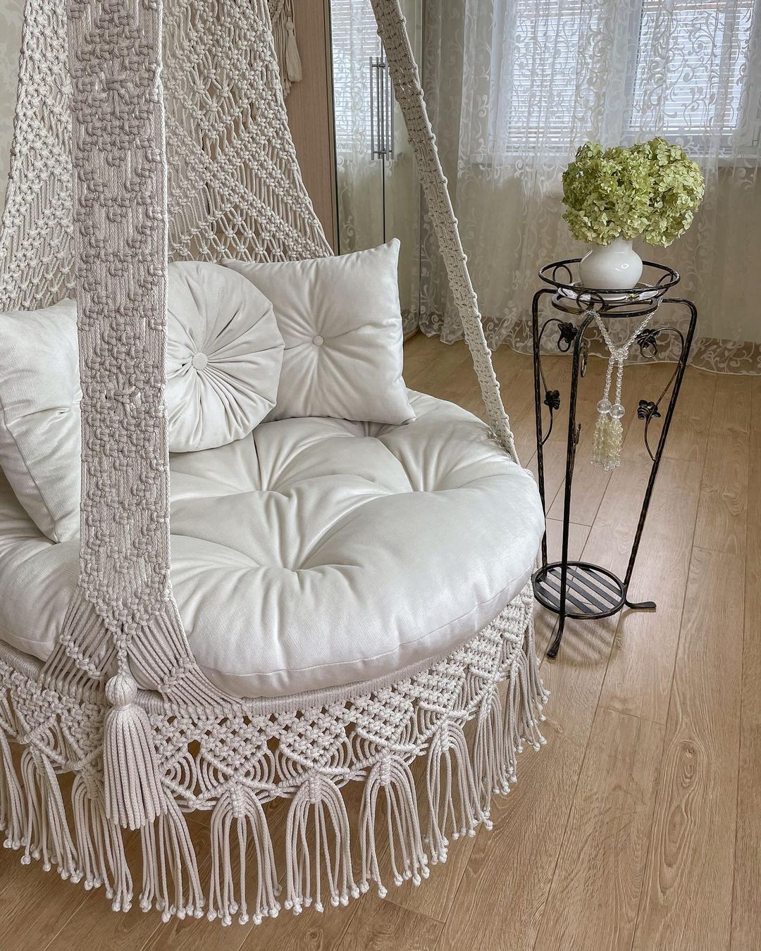 Macrame Swing Hammock Chair With Mattress And Cushions