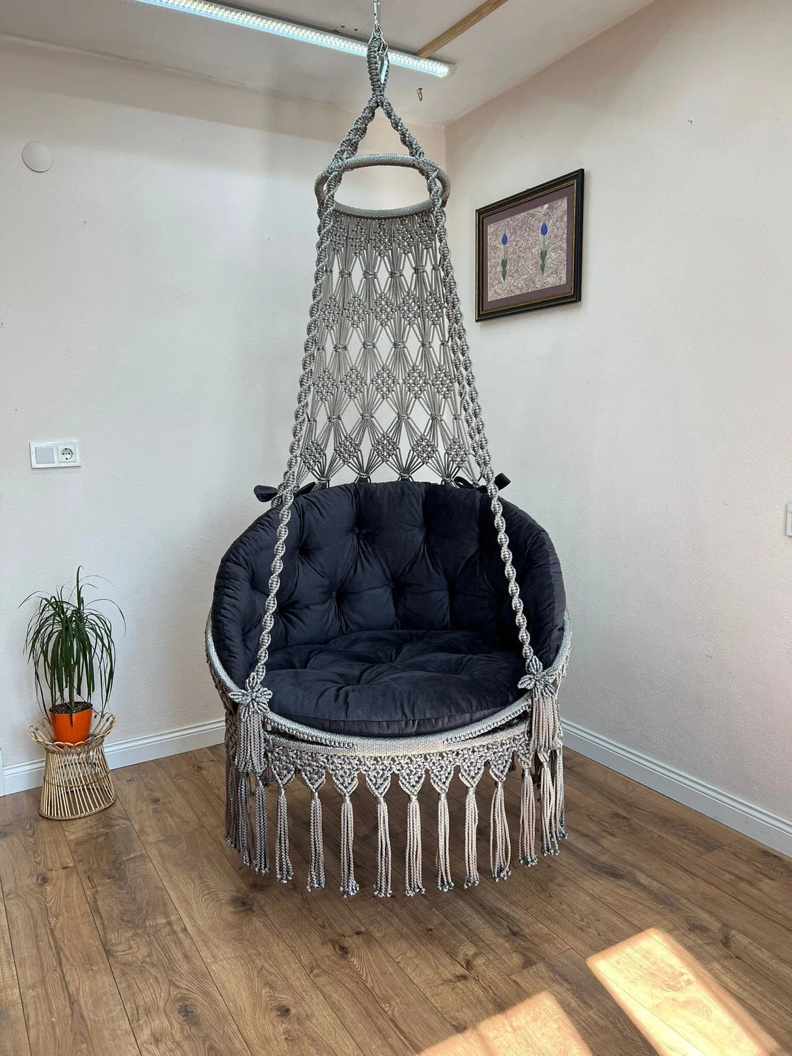 Grey Macrame Swing Chair With Mattress For Adults