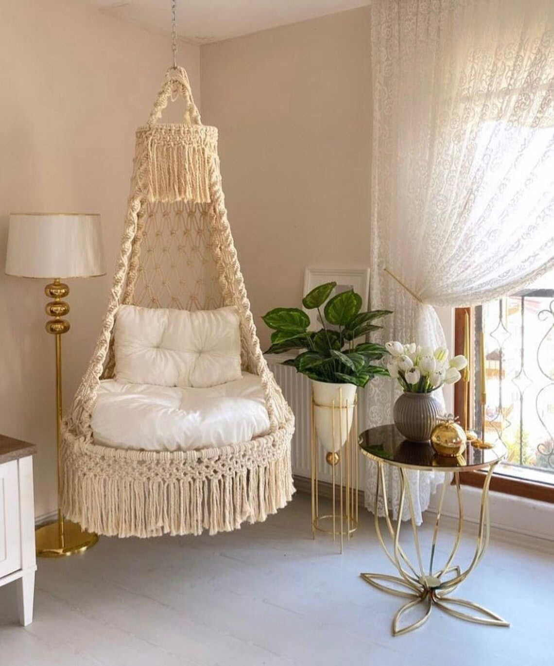 White Macrame Swing Chair With Mattress For Adults