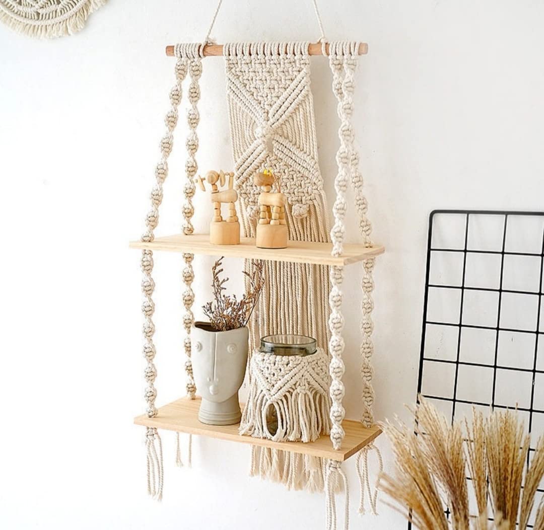 Two Tier Macrame Indoor Wall Hanging Shelf