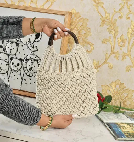 Beautiful Macrame Handbag With Wooden Handles