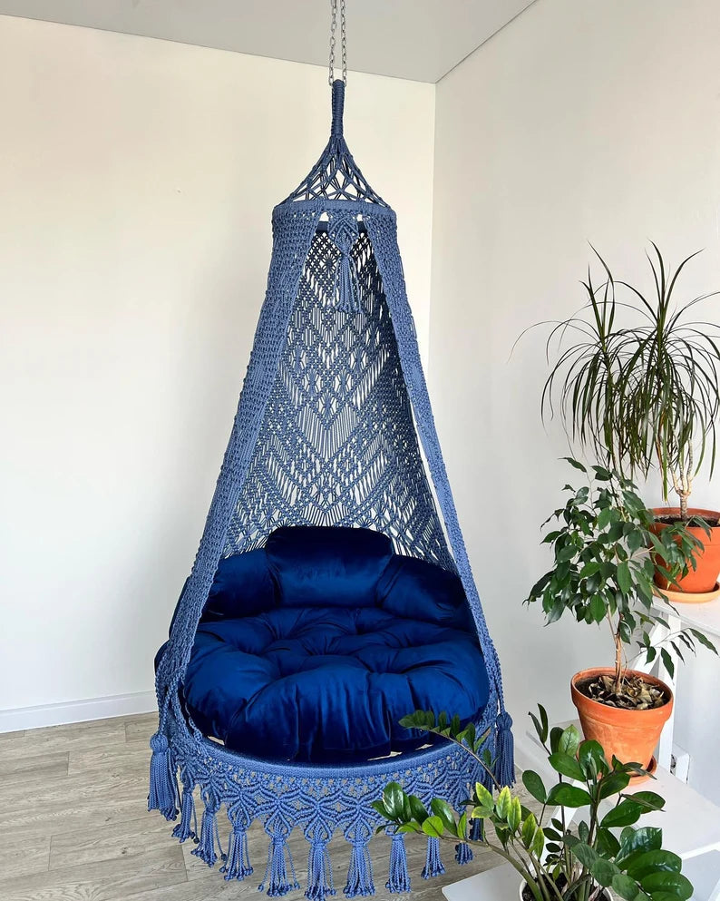 Macrame Swing Hammock Chair In Blue