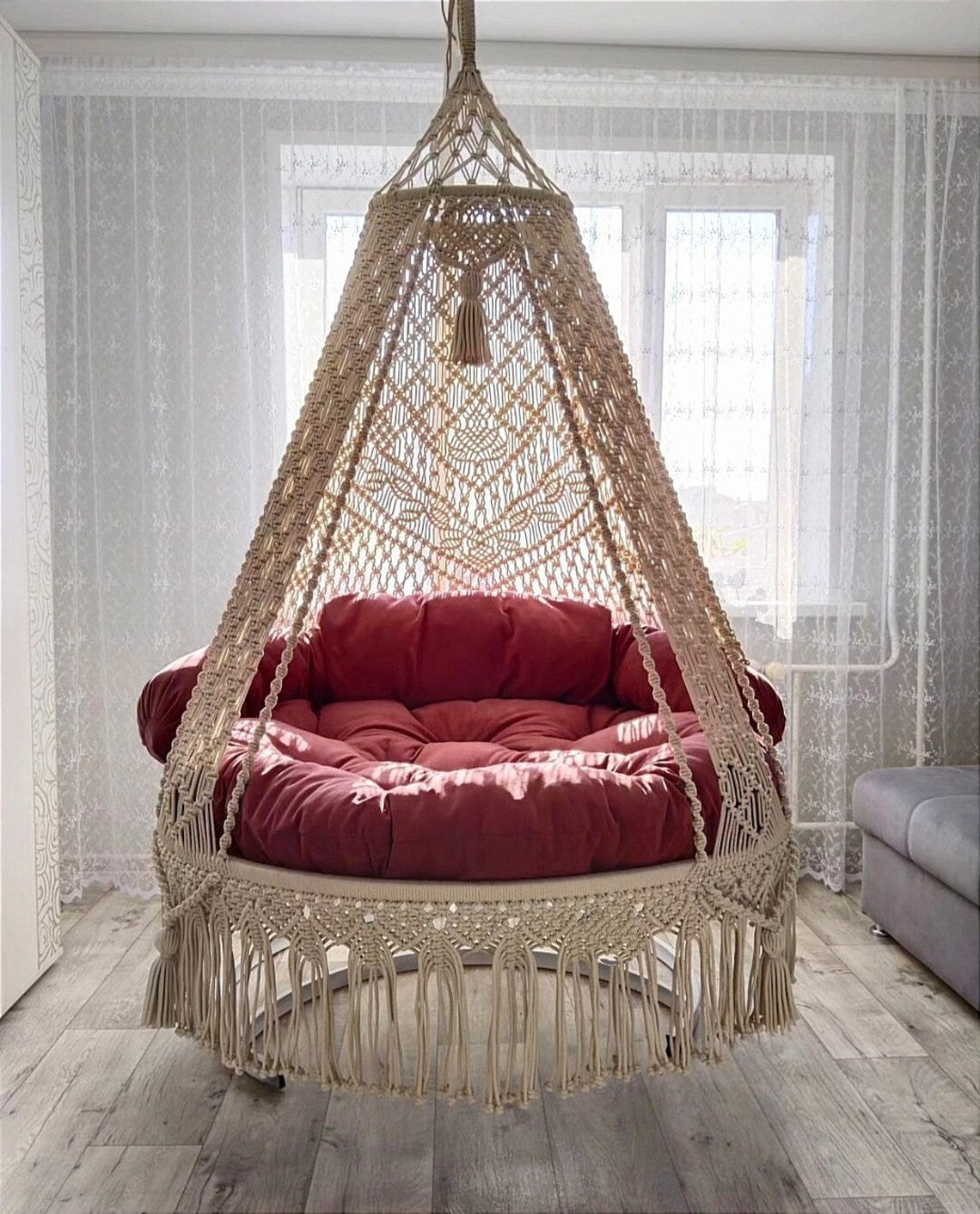 White Double Seater Macrame Swing 50 inches