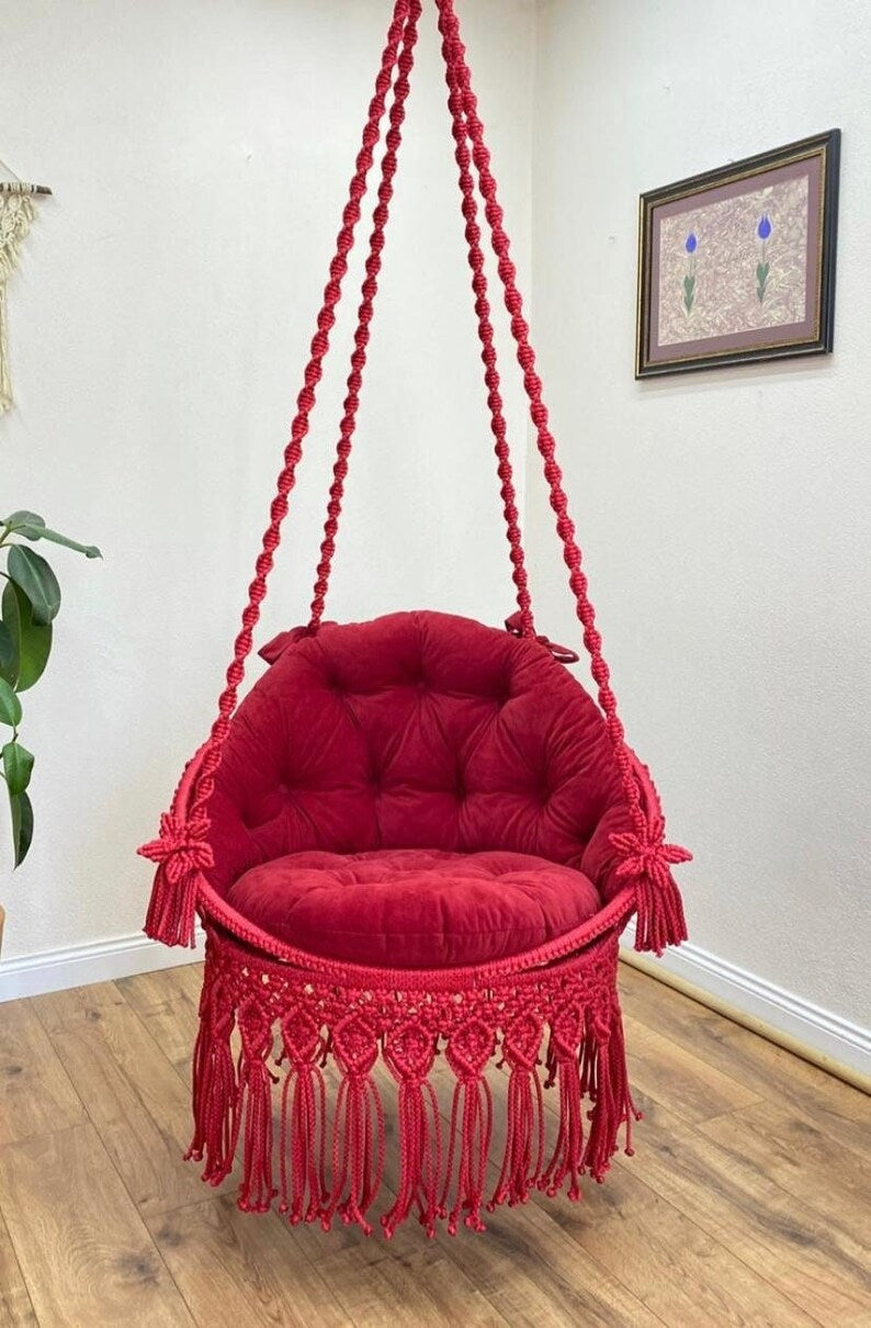 Pink Macrame Swing Chair With Mattress For Adults