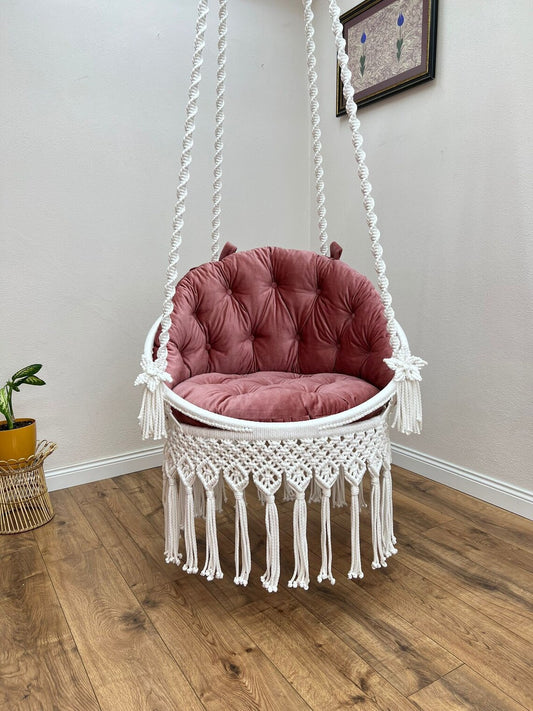 White Macrame Swing Chair With Mattress For Adults