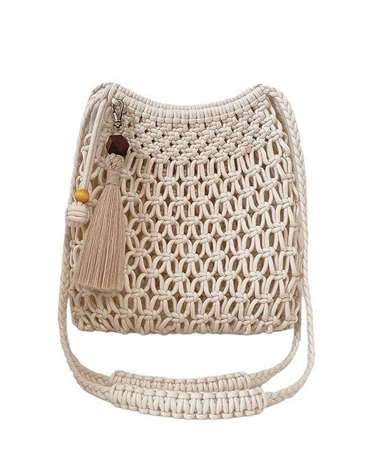 White Macrame Hand Bag For Women