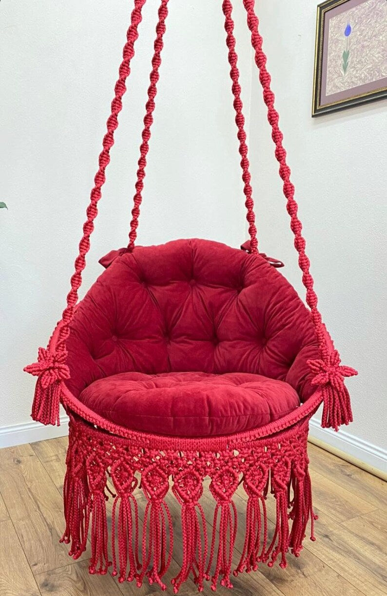 Pink Macrame Swing Chair With Mattress For Adults