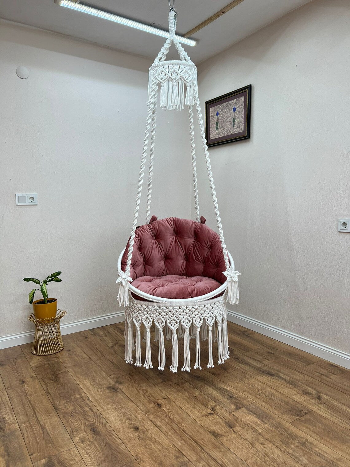 White Macrame Swing Chair With Mattress For Adults