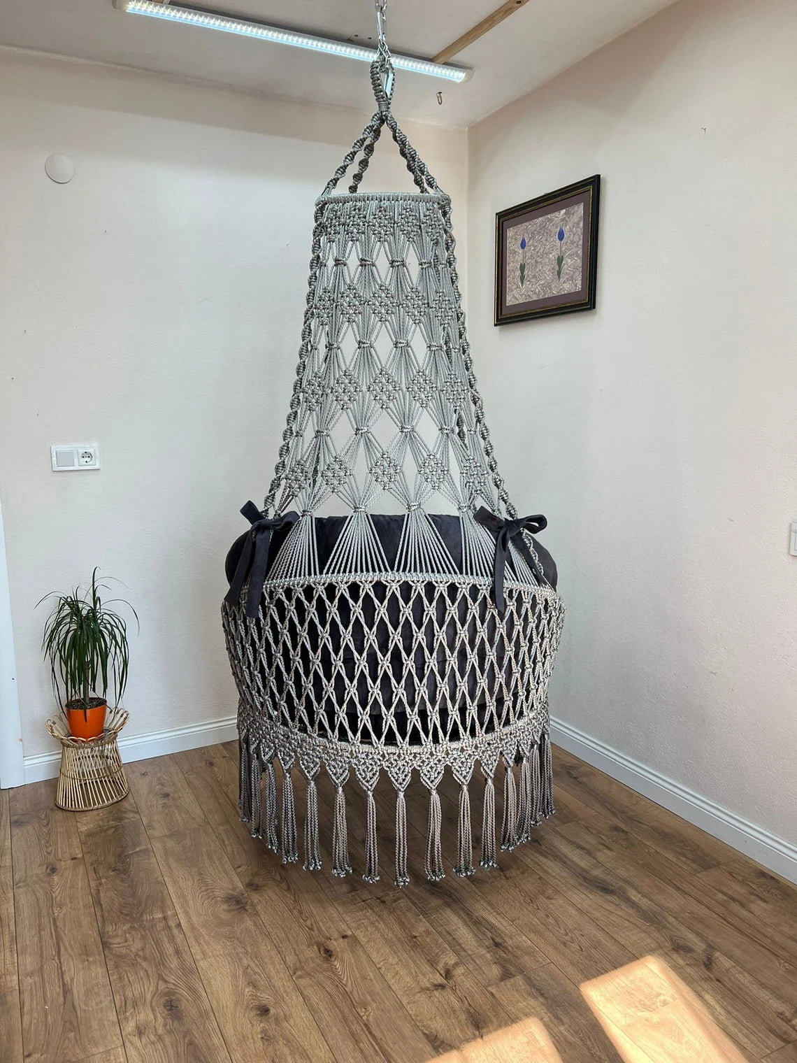 Grey Macrame Swing Chair With Mattress For Adults