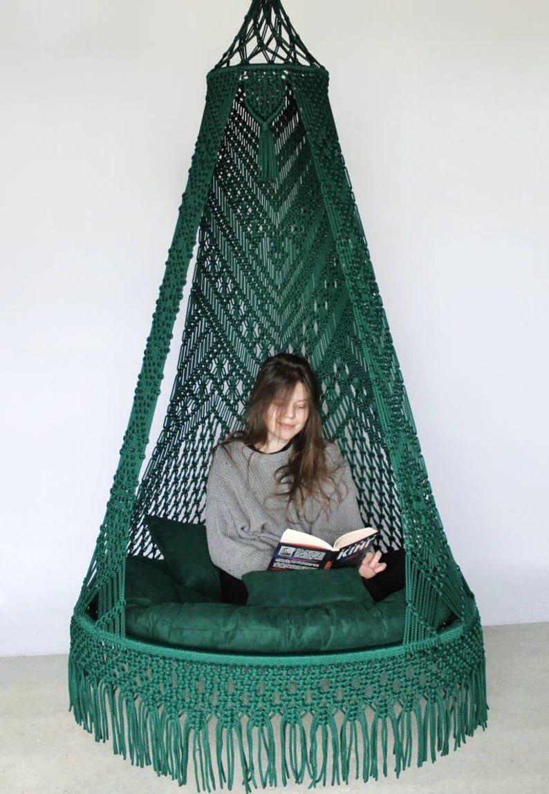 Green Macrame Hammock Chair Swing For Adults And Kids