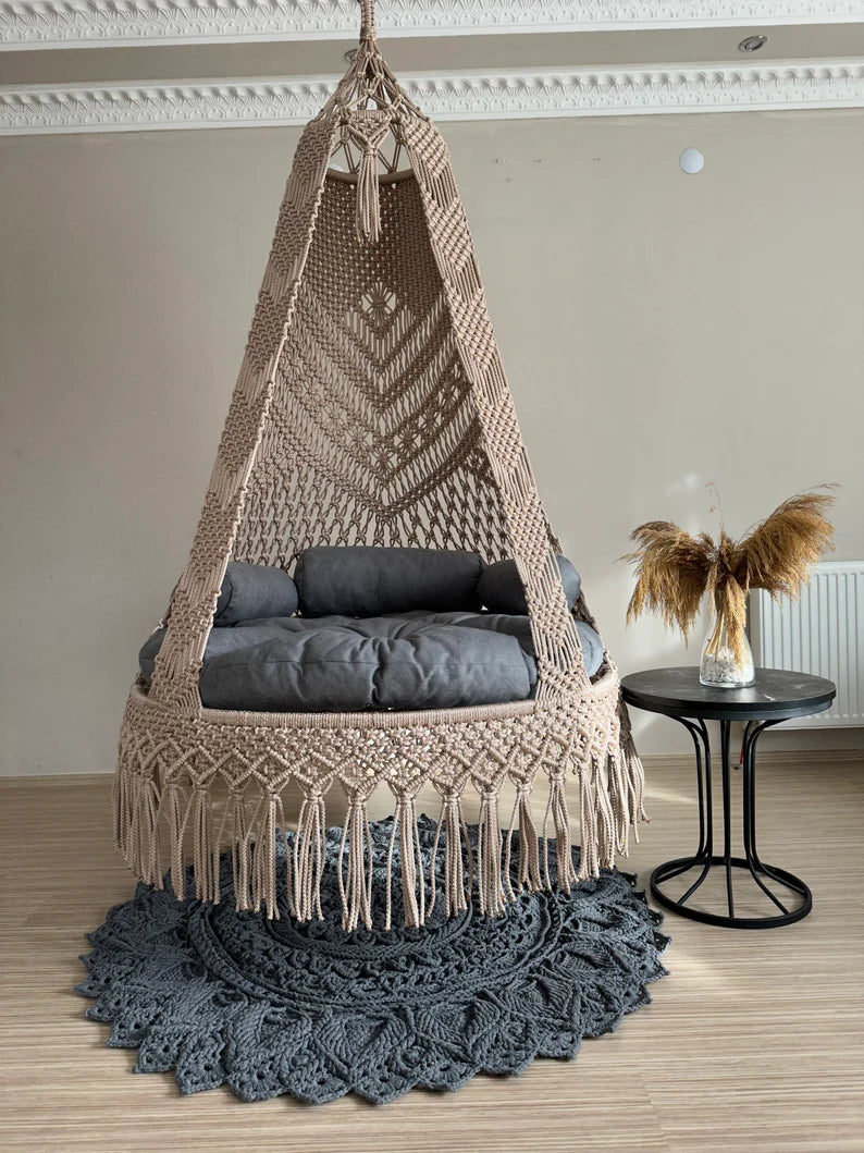 Beige Macrame Swing Chair For Adults 40 inches