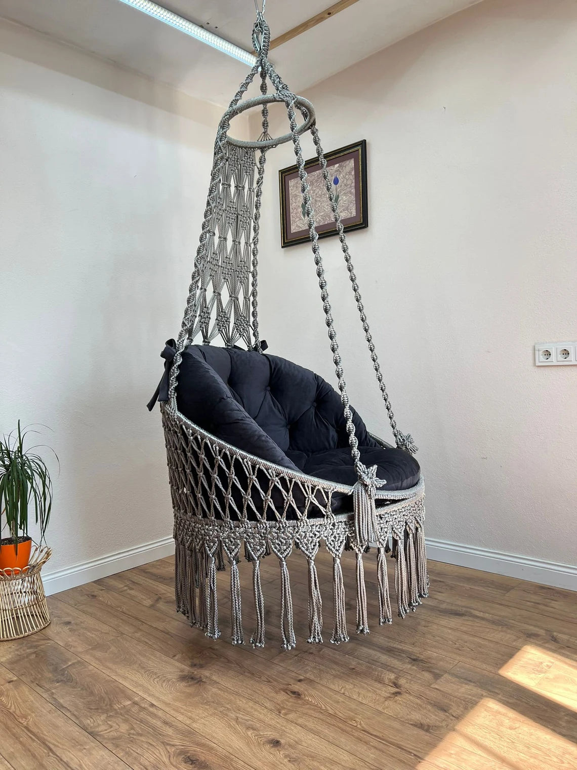 Grey Macrame Swing Chair With Mattress For Adults