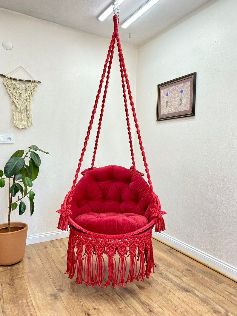 Pink Macrame Swing Chair With Mattress For Adults