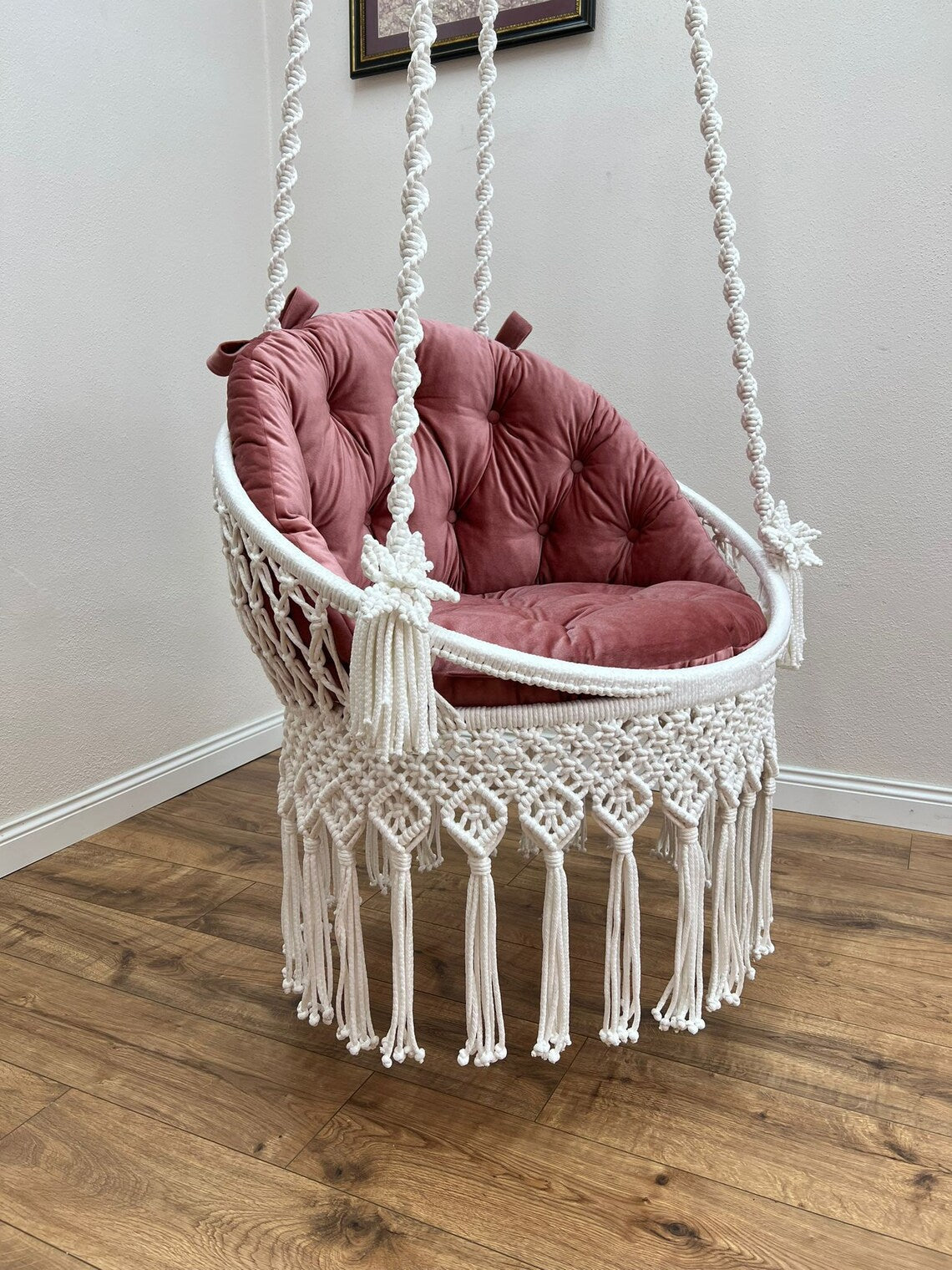 White Macrame Swing Chair With Mattress For Adults