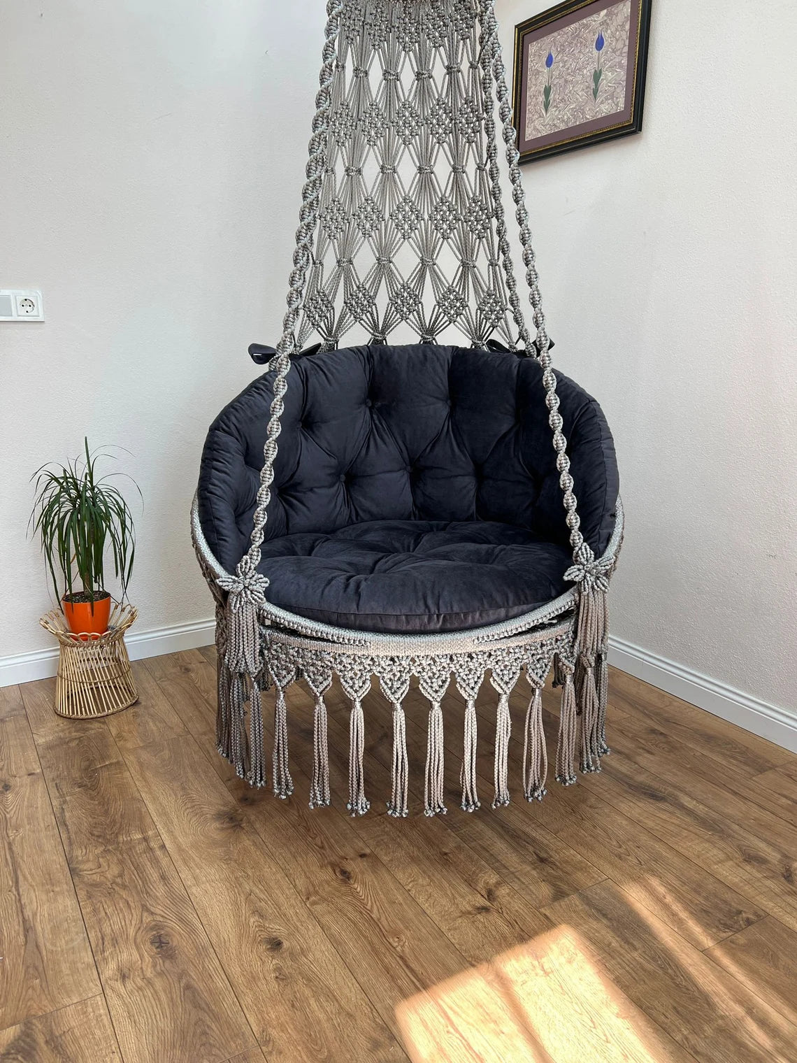 Grey Macrame Swing Chair With Mattress For Adults