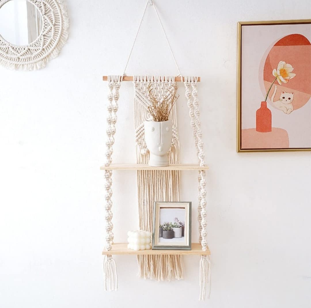 Two Tier Macrame Indoor Wall Hanging Shelf