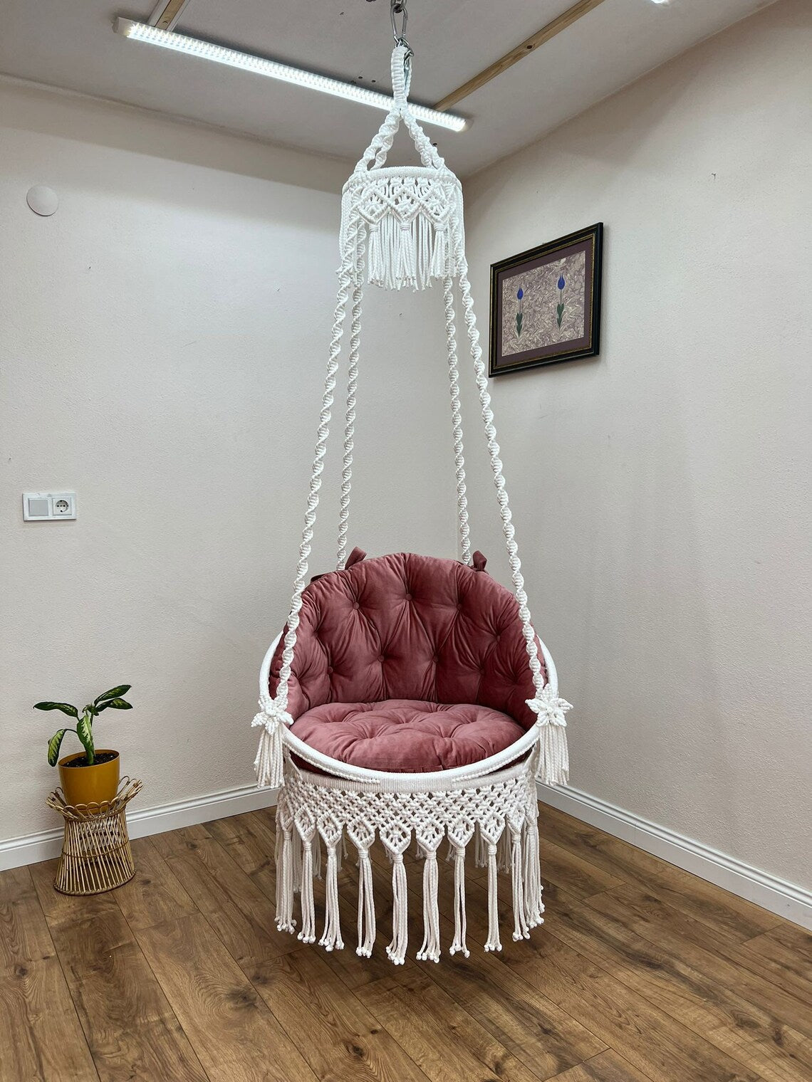 White Macrame Swing Chair With Mattress For Adults