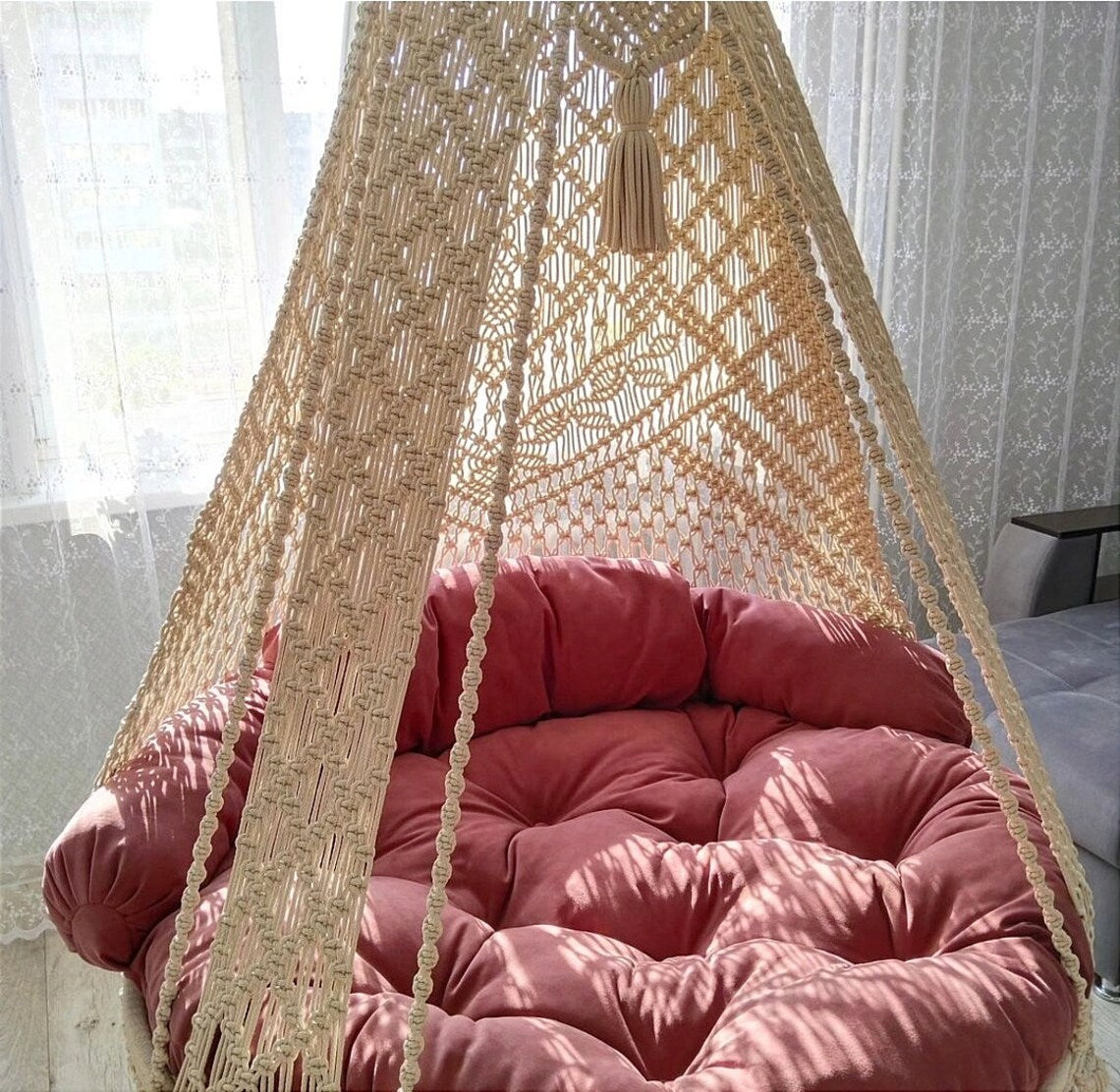 White Double Seater Macrame Swing 50 inches