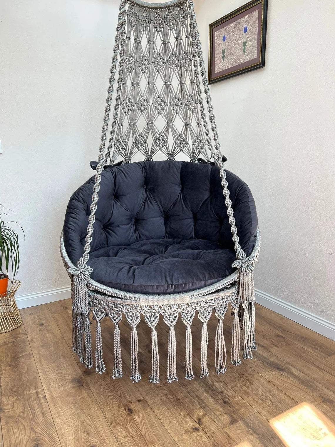 Grey Macrame Swing Chair With Mattress For Adults