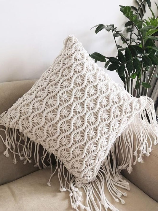 White Macrame Cushion With Cover 16 x 16 inches