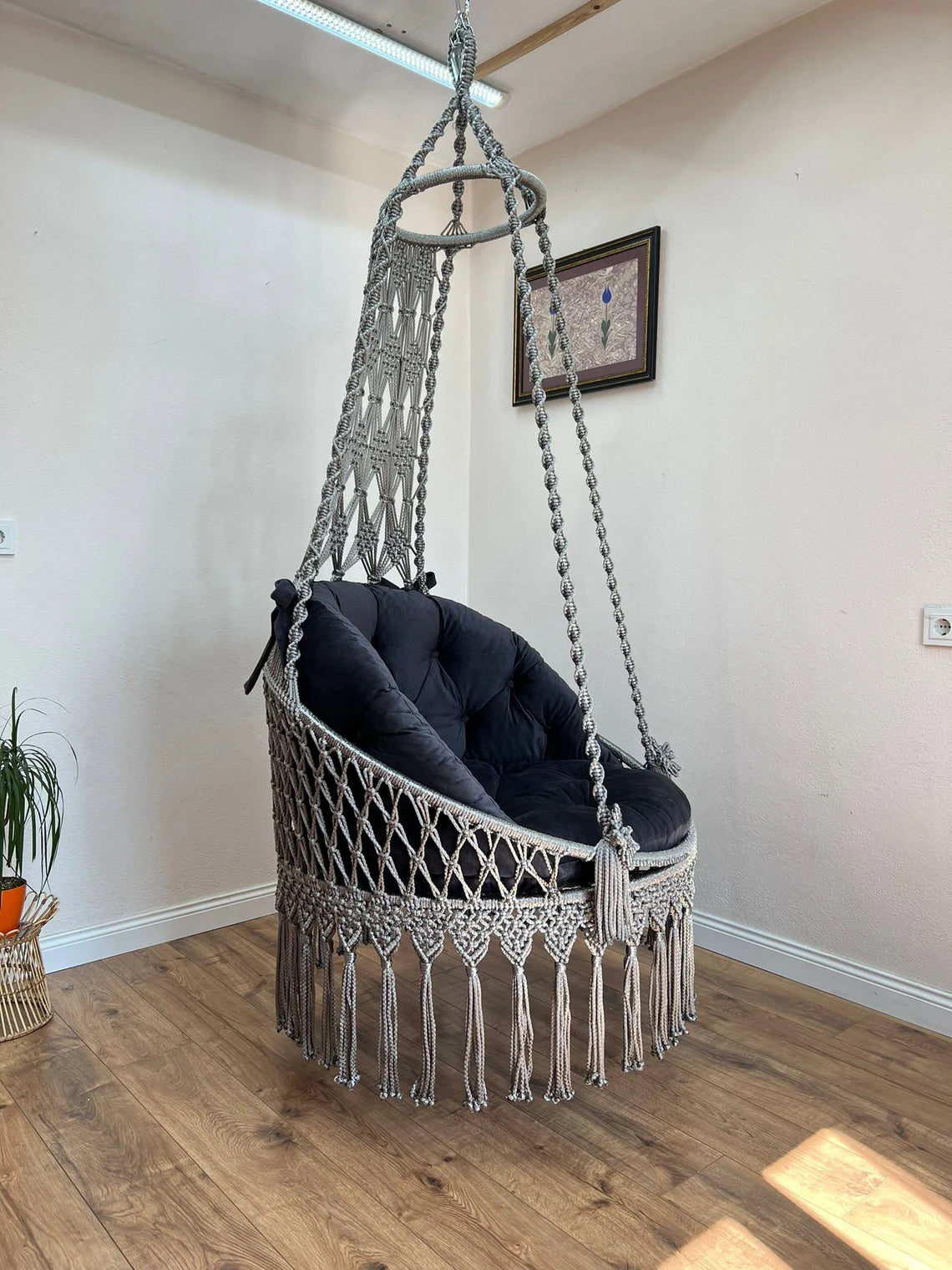 Grey Macrame Swing Chair With Mattress For Adults