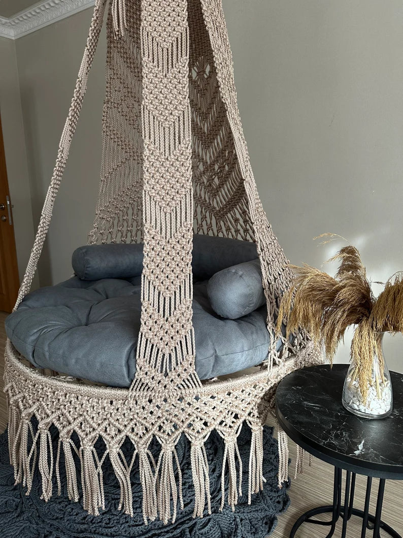 Beige Macrame Swing Chair For Adults 40 inches