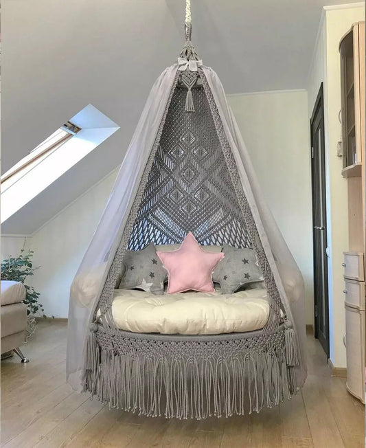 Gray Macrame Swing Hammock Chair For Adults