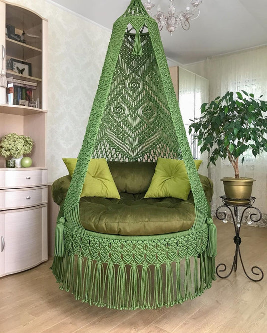 Green Macrame Hammock Swing For Garden