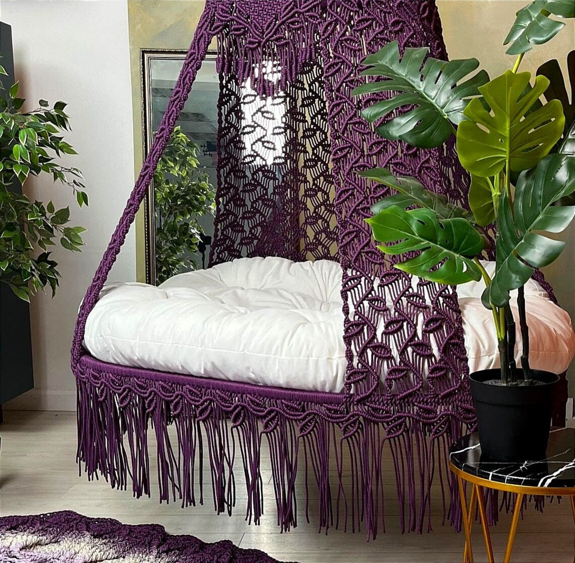 Purple Macrame Sofa Swing With Mattress And Cushions