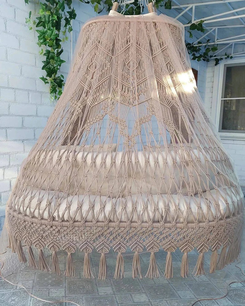 Brown Macrame Sofa Swing With Mattress And Cushions