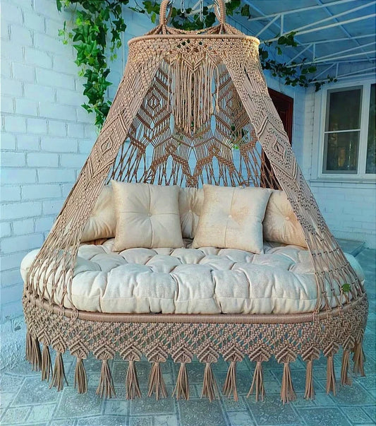 Brown Macrame Sofa Swing With Mattress And Cushions