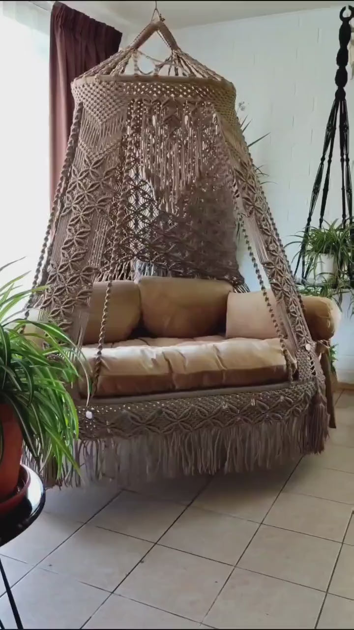 Brown Macrame Sofa Swing With Mattress And Cushions