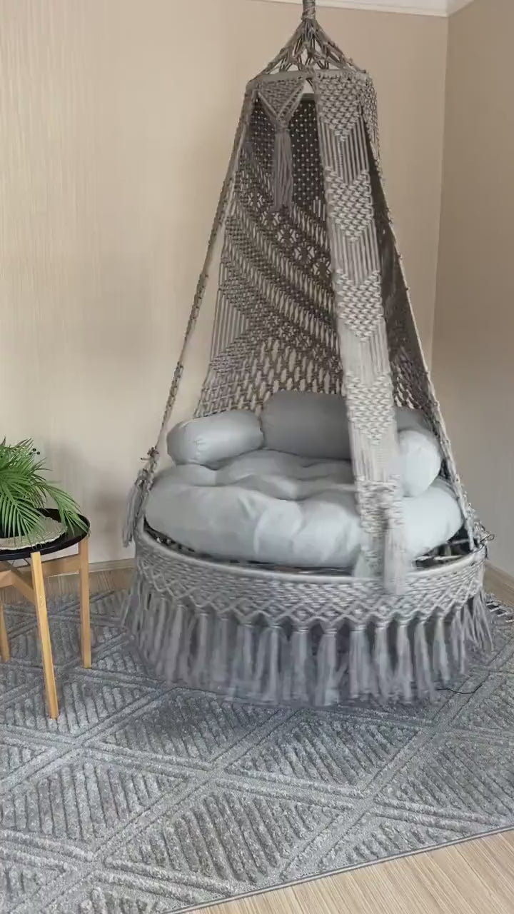 Macrame Swing With Cushions in Grey 35 inches